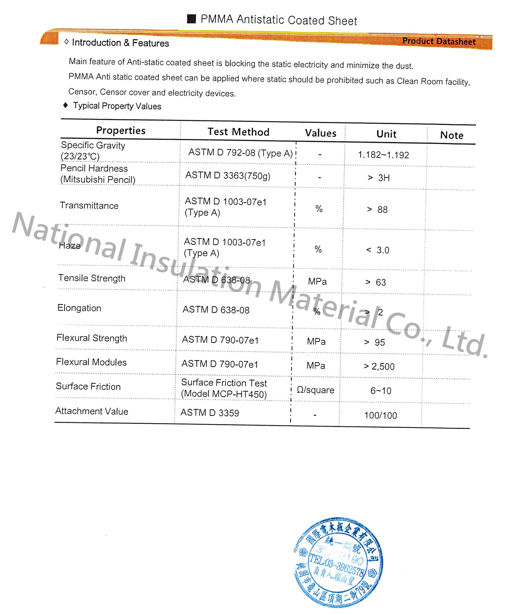 PMMA抗靜電塗層片材